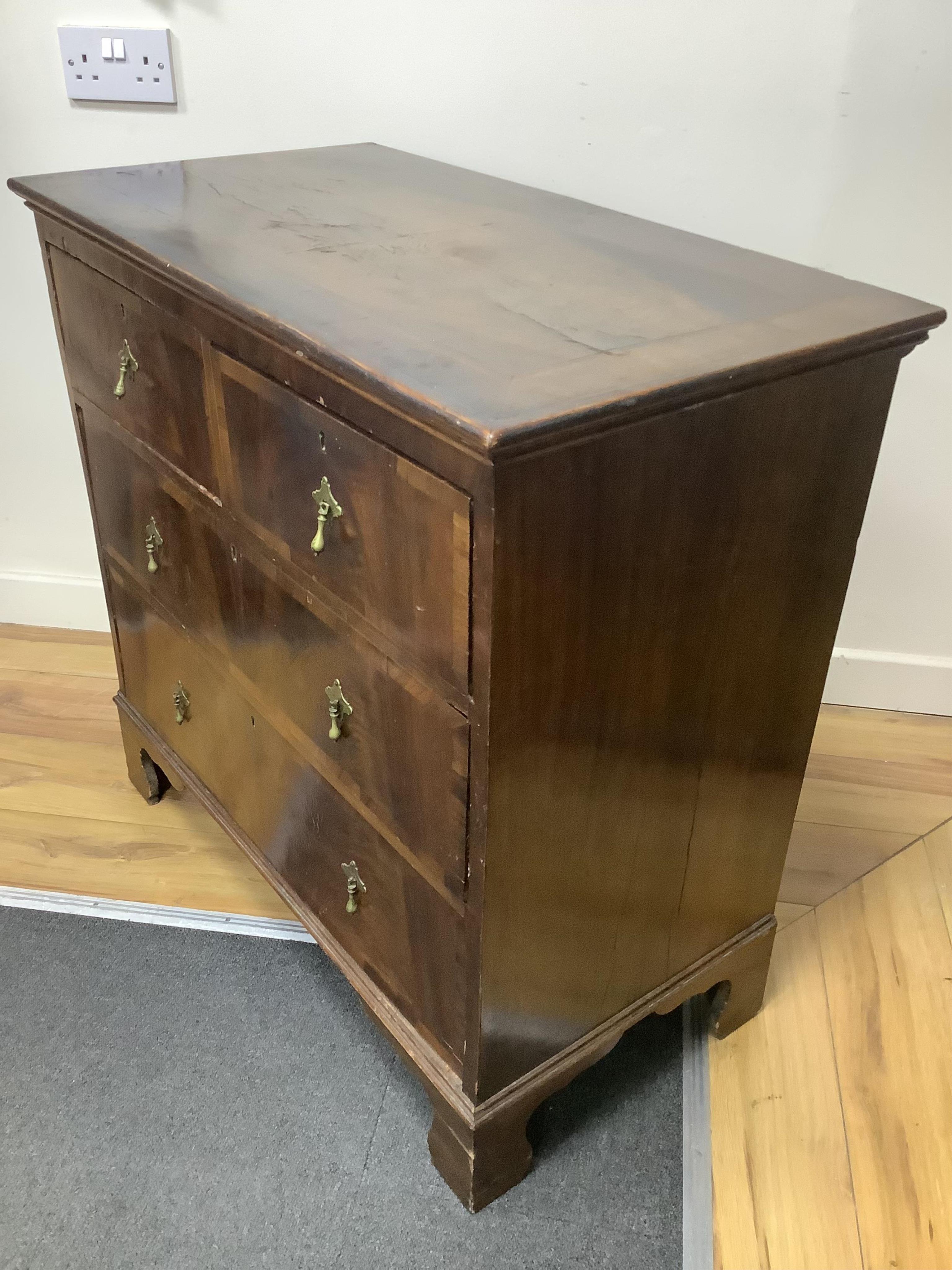 A small Queen Anne Revival banded walnut chest, width 82cm, depth 45cm, height 80cm. Condition - fair